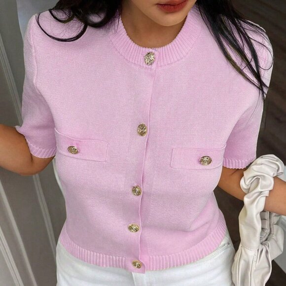 Sweaters - Pink Casual Women's Minimalist Versatile Short Sleeve Knit Top